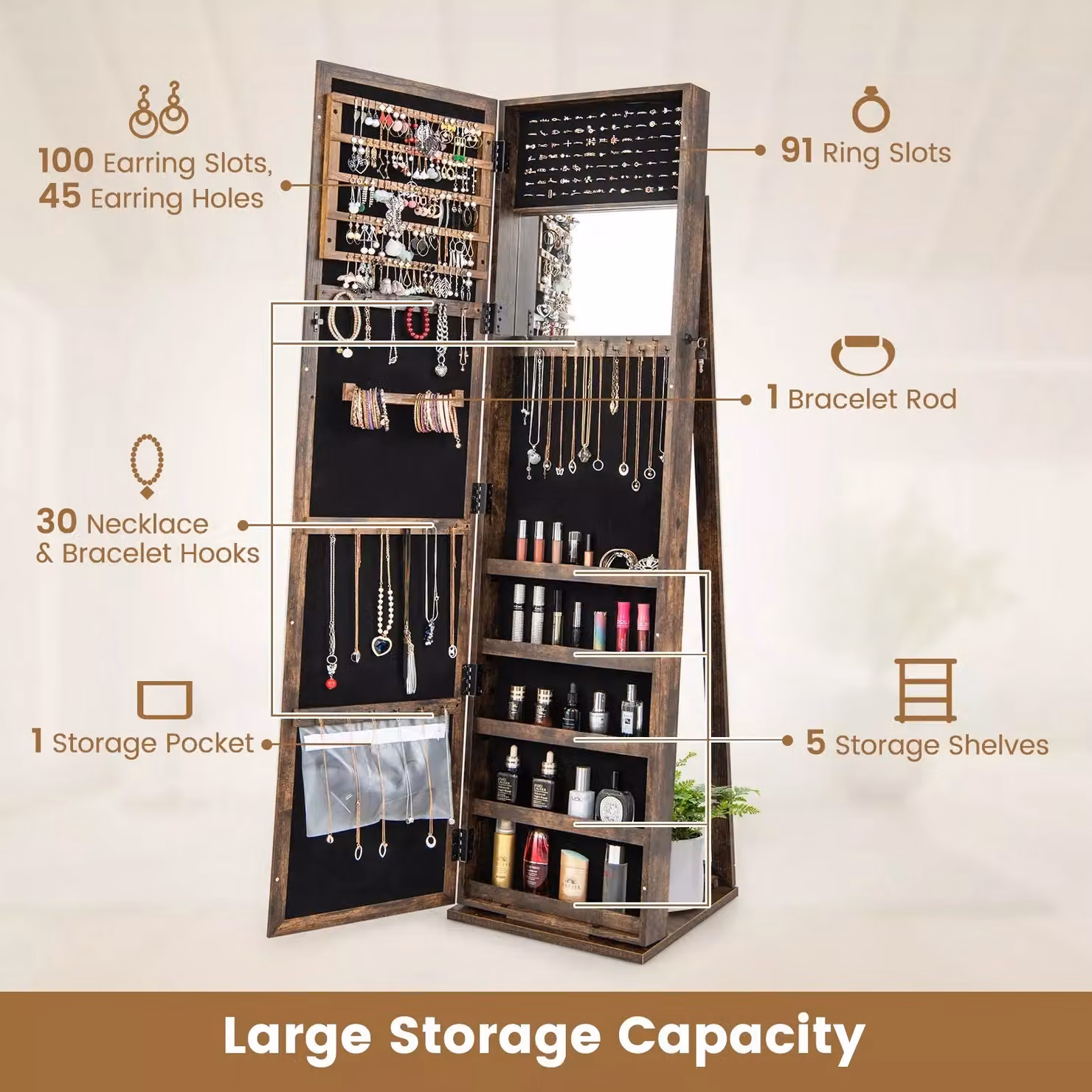 Costway 3-in-1 Brown Rustic Jewelry Armoire with Full-Length Mirror and Lockable Storage Organizer – 4