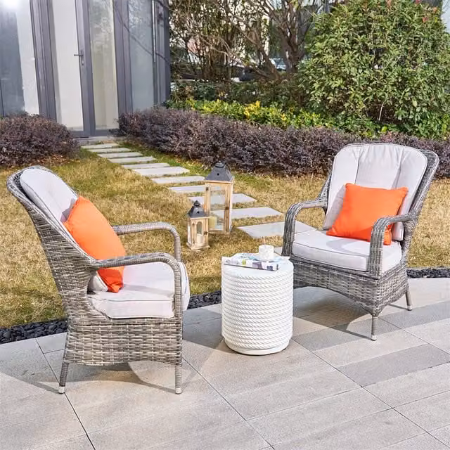 Abrihome Set of 2 Grey Aluminium Wicker Armchairs and Coffee Table
