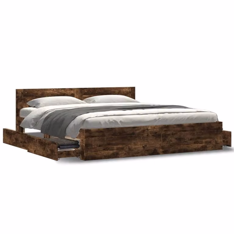 Berkfield Home Wax Brown Solid Wood Bed Frame with Headboard and Drawers, W/D/H: 120 x 190 cm