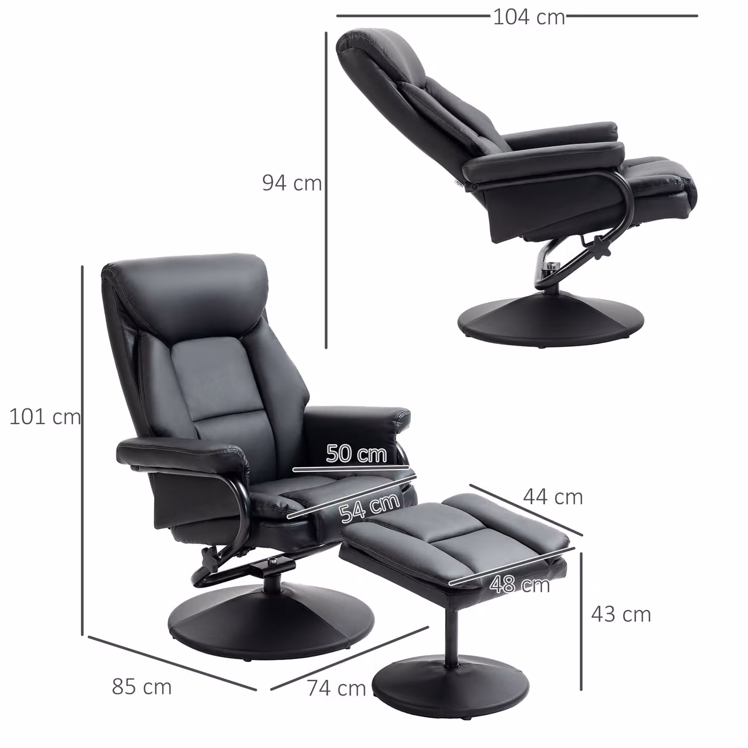 HOMCOM Black PU Leather Swivel Recliner Chair with Ottoman and Steel Base – 3