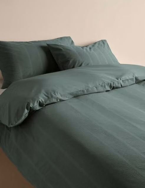 M&S Pure Cotton Striped Seersucker Duvet Cover Set, Smokey Green, W: 200 cm x H: 200 cm