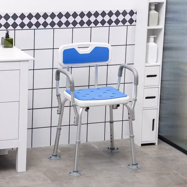 HOMCOM EVA Padded Shower Stool with Back, Arms and Foot Pads in Blue – 1