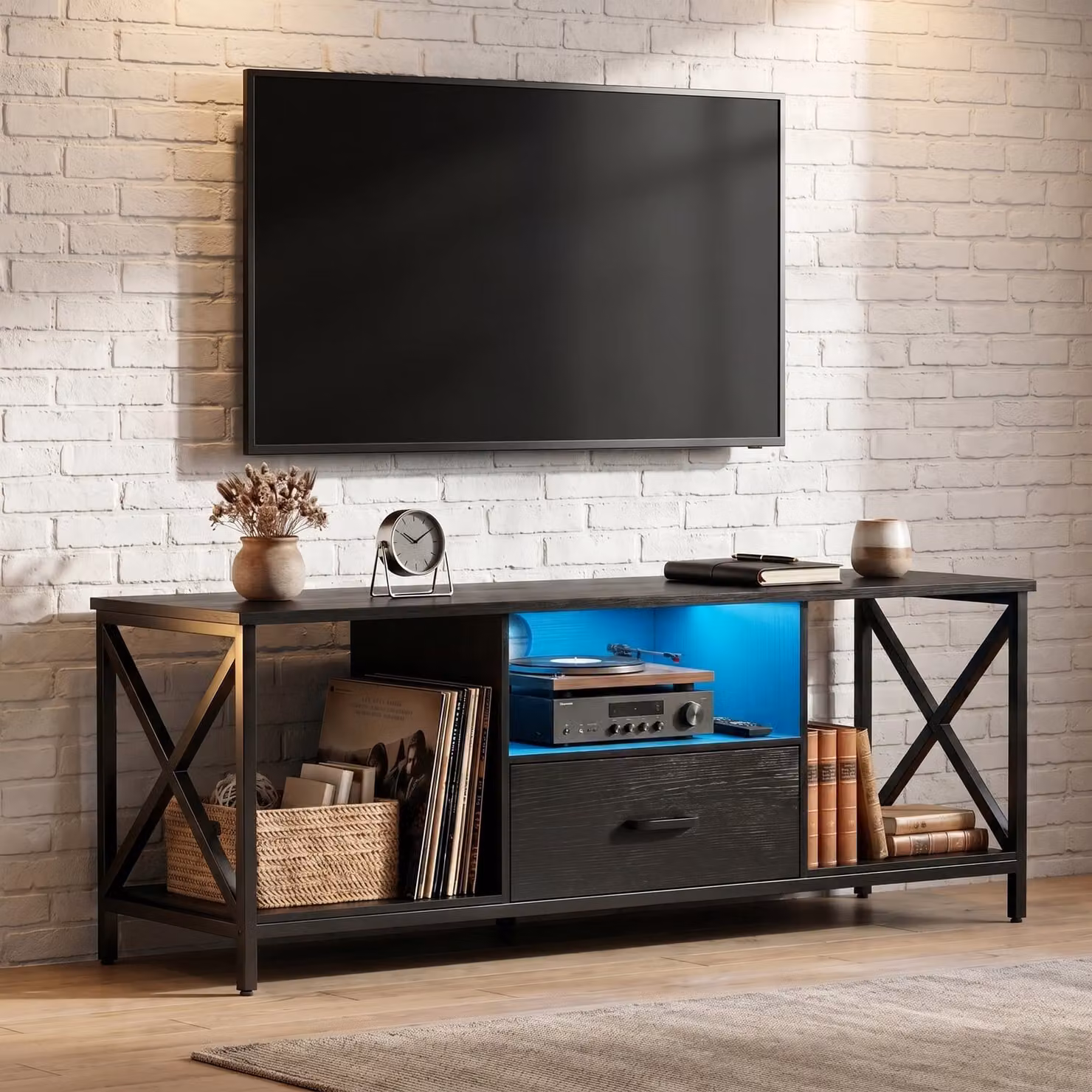 DHS Calvera Black LED TV Stand with Storage for TVs up to 55 inch, W: 140 cm, D: 41 cm, H: 53 cm