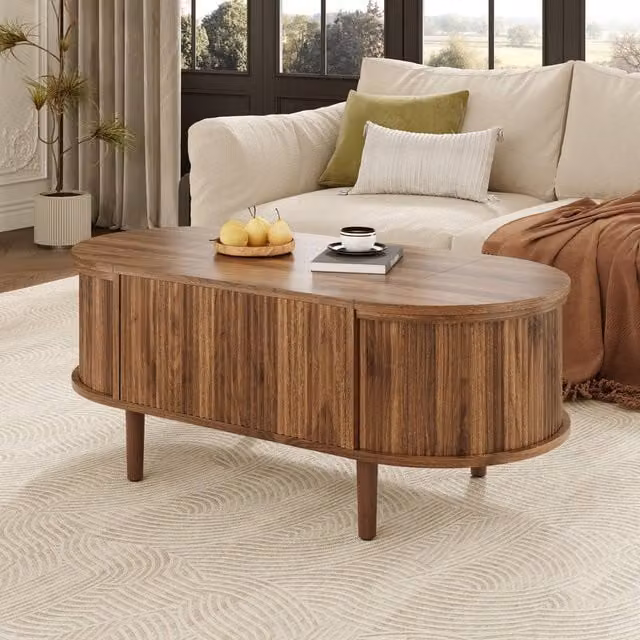BTM Vintage Oval Coffee Table with Adjustable Height and Solid Wood Legs in Walnut Brown – 1