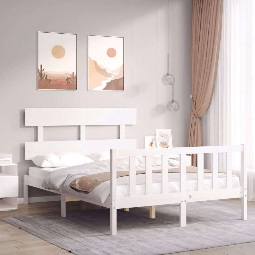 Berkfield Home Solid Wood Bed Frame with Headboard in White, W/D/H: 120 x 200 cm – 2