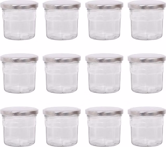 Argon Tableware Set of 12 Transparent Glass Jam Jars with Silver Screw Top Lids, 130ml