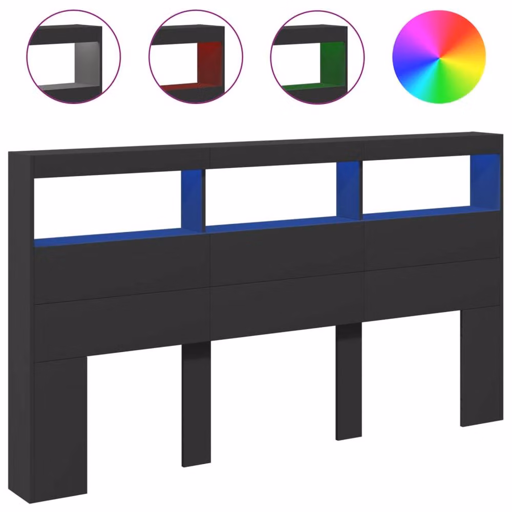 Berkfield Home Modern Headboard Cabinet with Integrated LED Lighting in Matt Black, W: 180 cm, D: 17 cm, H: 102 cm – 3