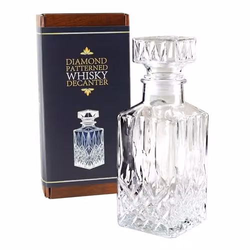Kimm & Miller Classic Glass Whisky Decanter with Stopper, Transparent Geometric Cut Glass, 0.9 l – 1