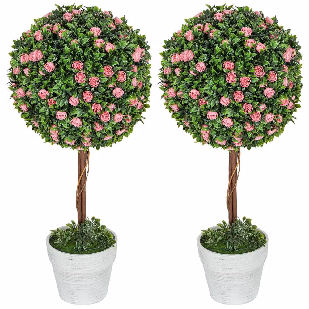 STILVORA Set of 2 Pink Artificial Rose Topiary Plants in Round Pots, Height: 60 cm – 5