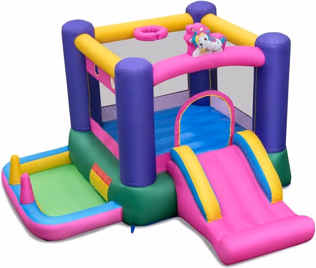 Costway Kids Bouncy Castle with Ball Pit and Slide in Pink and Multicolour