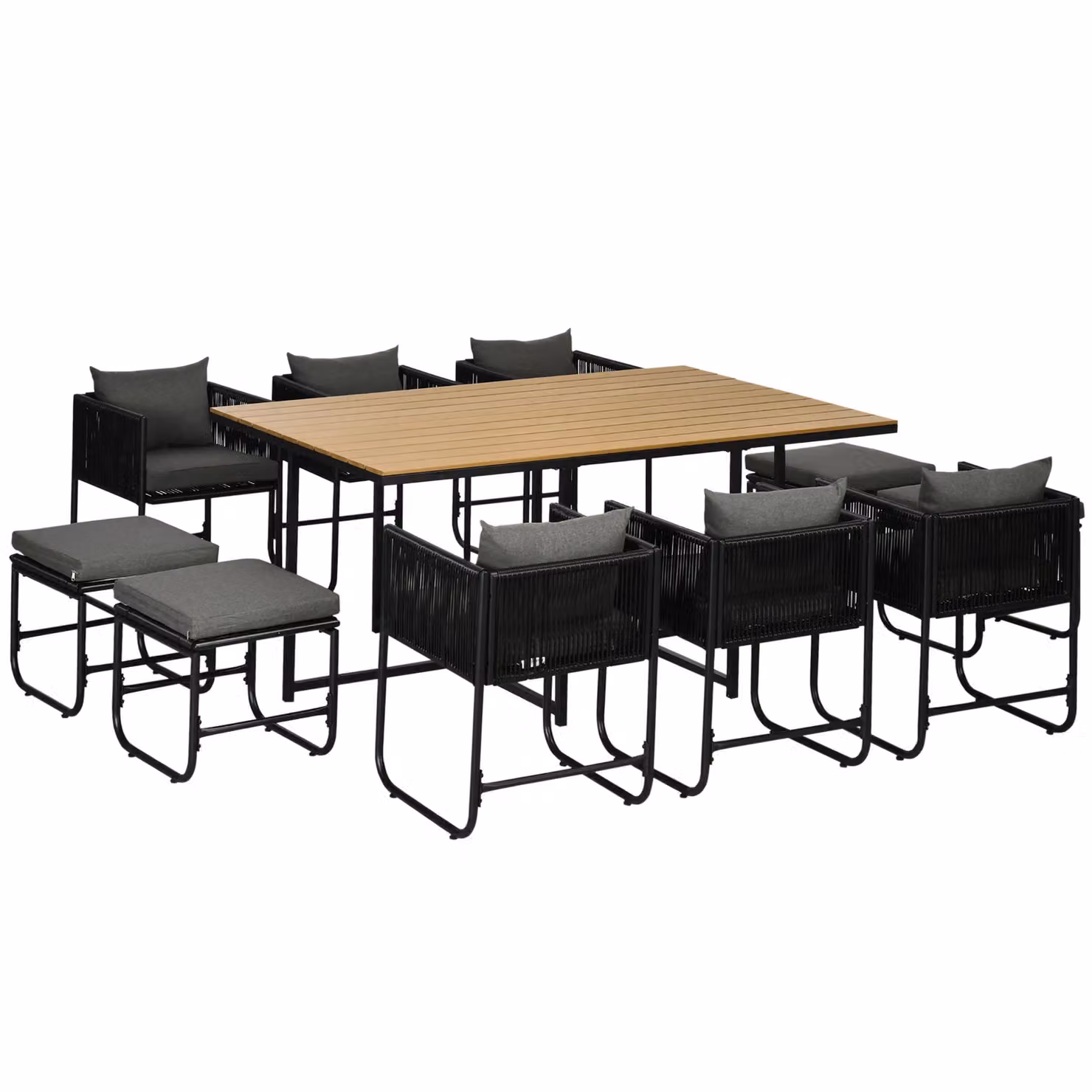 Outsunny 11-Piece PE Rattan Garden Dining Set with Wood Grain Plastic Top in Black – 6