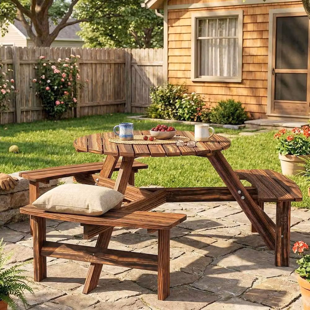 NESTLUNE 6 Person Fir Wood Table and Bench Set in Brown for Garden and Terrace, W: 100 cm, D: 15 cm – 5