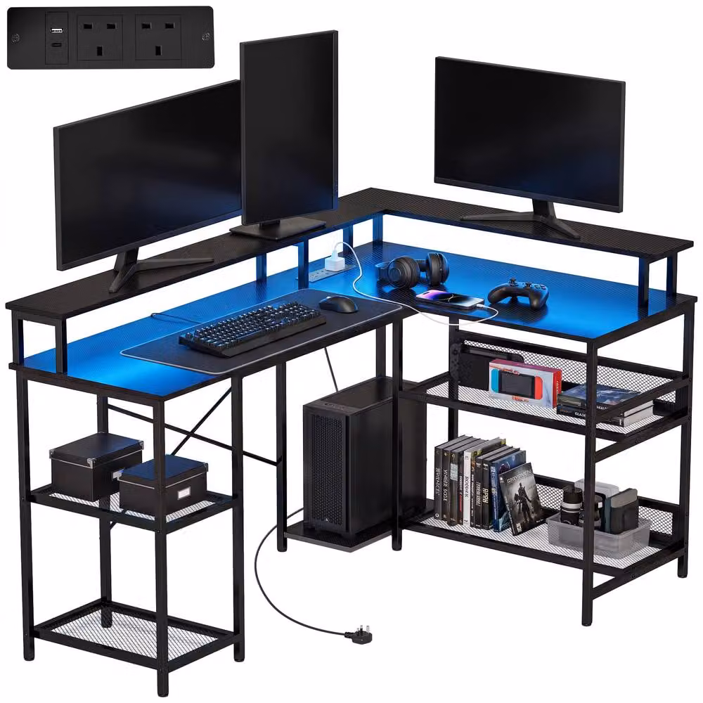Rolipo L-Shaped Gaming Desk with LED Lights and Power Outlets, Black – 2