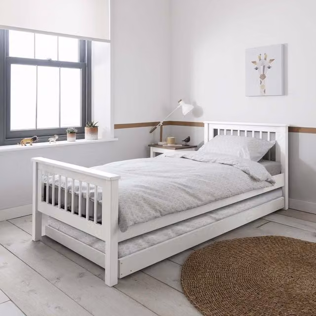 Noa and Nani Hampshire White Single Bedframe with Trundle Drawers and Pine Slats, W/D/H: 90 x 190 cm