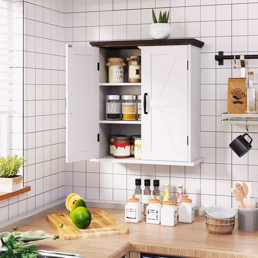 Gymax White Rustic Farmhouse Wall Mounted Bathroom and Kitchen Cabinet with 2 Hinged Doors and Internal Shelves – 2