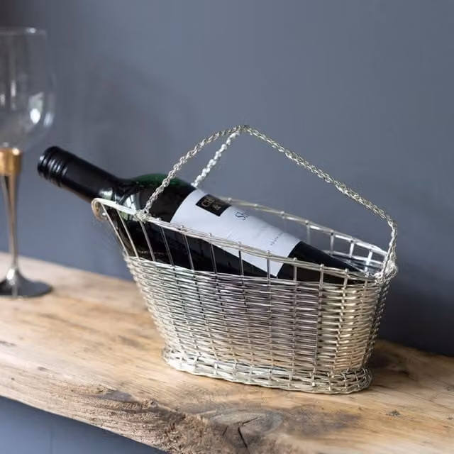 Silver Editions Woven Wine Basket in Metallic Silver