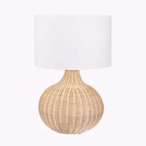 Ruma Round Rattan Table Lamp with Beige Cylinder Shade – 2