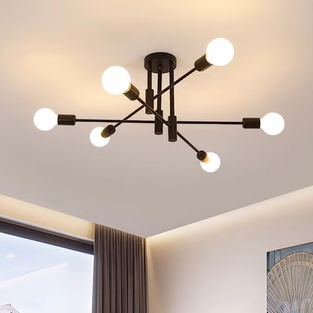 Pheashine Black Wrought Iron 6-Light Molecule Chandelier E27 Industrial Ceiling Lamp, Diameter: 71 cm