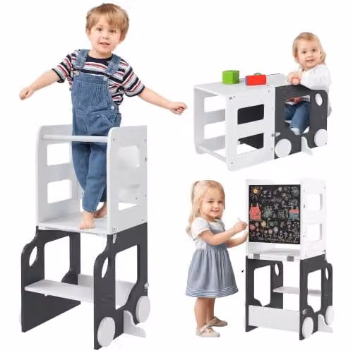 AIYAPLAY 4 in 1 Toddler Learning Tower Step Stool with Chalkboard in Grey and White