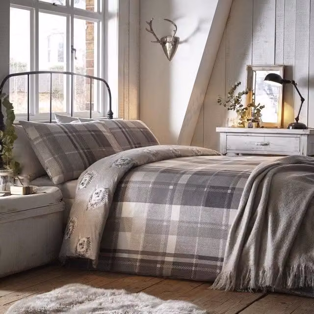 Dreams & Drapes Colville Checked Reversible Brushed Cotton Flannelette Duvet Cover and Pillowcase Set in Grey