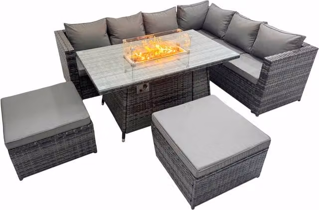 Fimous 8-Seater Rattan Corner Sofa Set in Grey with Gas Firepit and 2 Stools