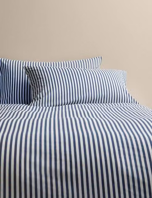 M&S Blue Mix Striped Cotton Blend Bedding Set, W: 180 cm x D: 200 cm