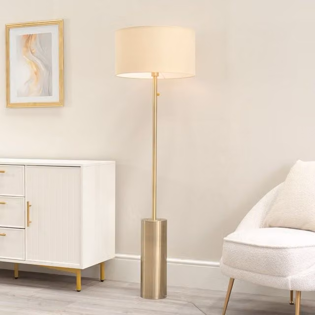 ValueLights Lexy Dimmable Floor Lamp with Nude Fabric Drum Shade and Antique Brass Finish