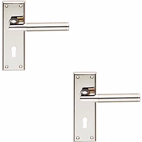 Loops 2 Pack Round Bar Section Handle on Lock Backplate in Polished Satin Nickel Silver, W: 15.0 cm, H: 15.0 cm, D: 6.35 cm