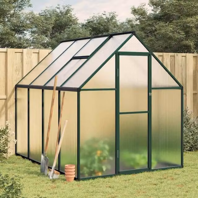 Berkfield Home Green Aluminium and Polycarbonate Greenhouse with Base Frame, W/D/H: 224 x 169 x 195 cm