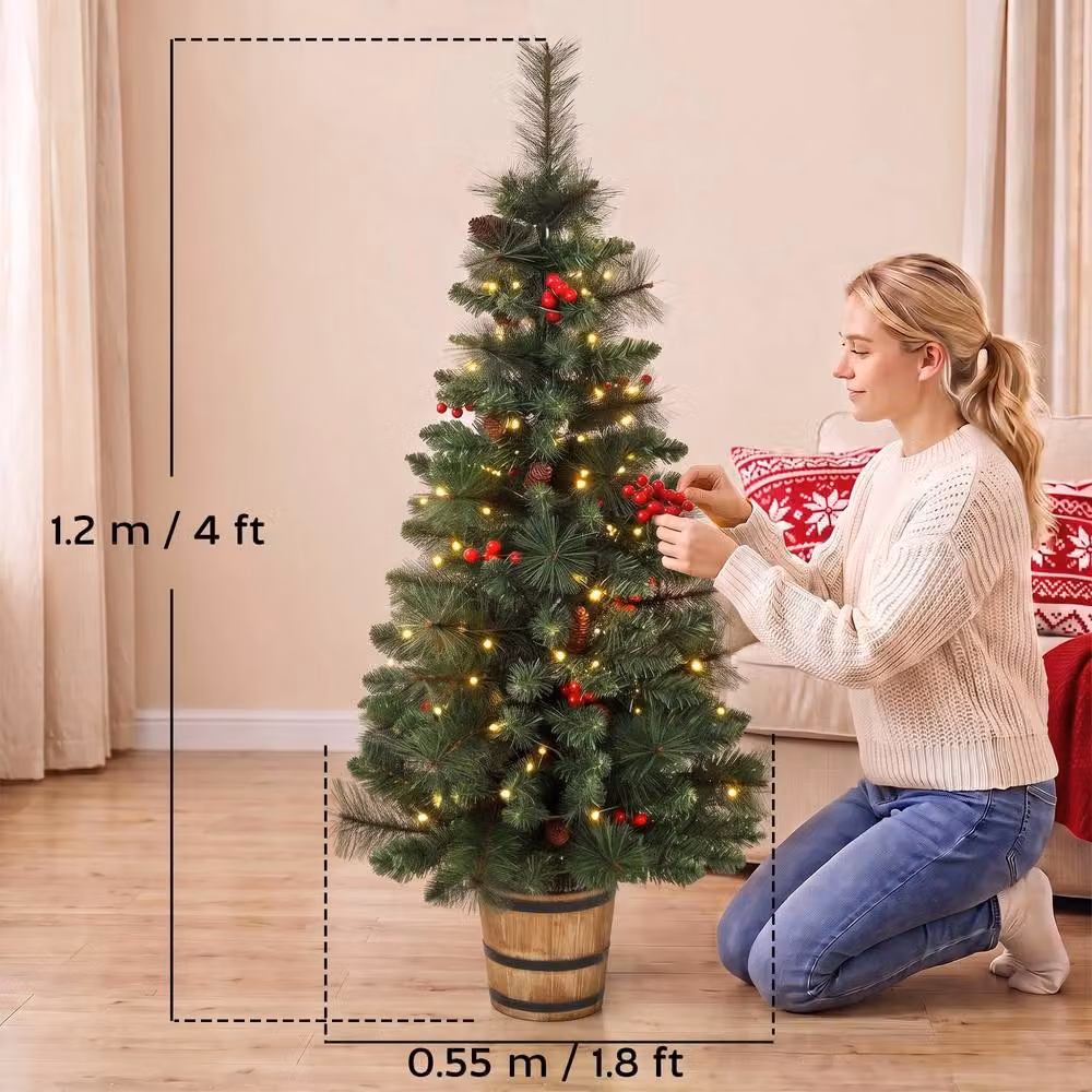 HOMCOM Set of 2 Prelit Christmas Trees with Dual-Colour LED Lights and Red Berries, Green, Height: 122 cm – 3