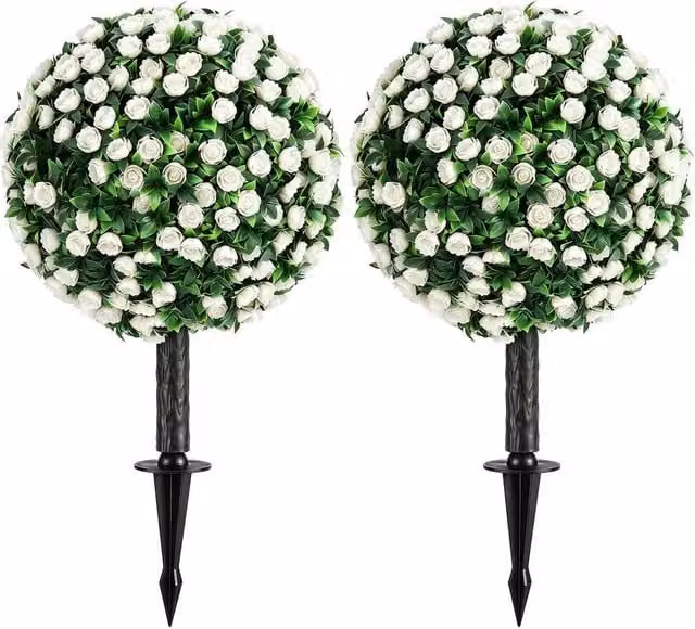 NESTLUNE 2-Pack Artificial Rose Topiary in Green and White, UV Resistant Round Floral Tabletop Decoration, Height: 55 cm
