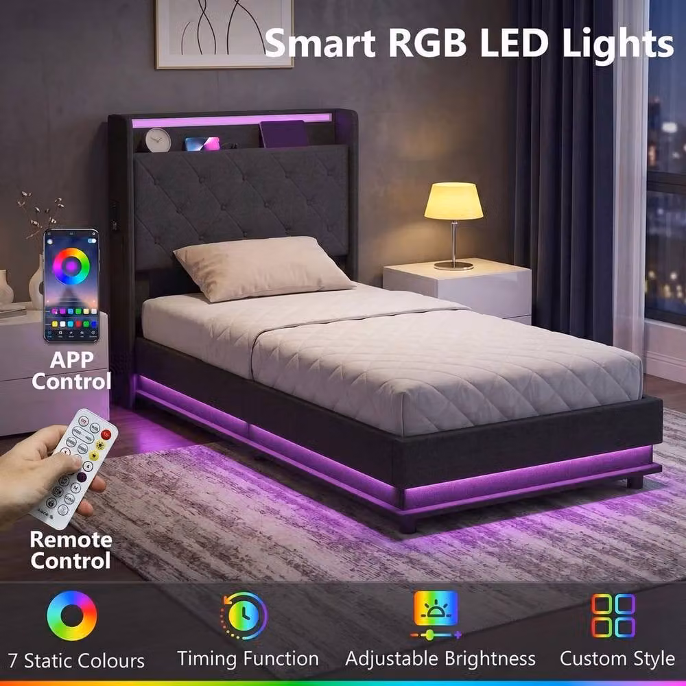 FORGEVIO Lift Up Storage Bed Frame with RGB LED Under-Bed Lighting in Dark Grey Fabric, 90 x 190 cm – 5