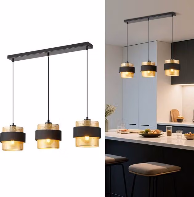 Harper Living 3-Light Modern Suspended Pendant Light in Black Fabric and Gold Metal