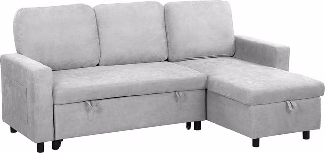 HOMCOM 4 Seater Pull Out Sofa Bed with Reversible Chaise, Storage and Side Pockets, Light Grey
