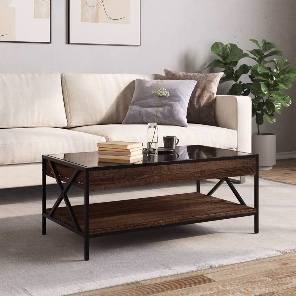 Berkfield Home Infinity LED Coffee Table in Brown Oak, W/D/H: 90 x 50 x 38 cm – 1