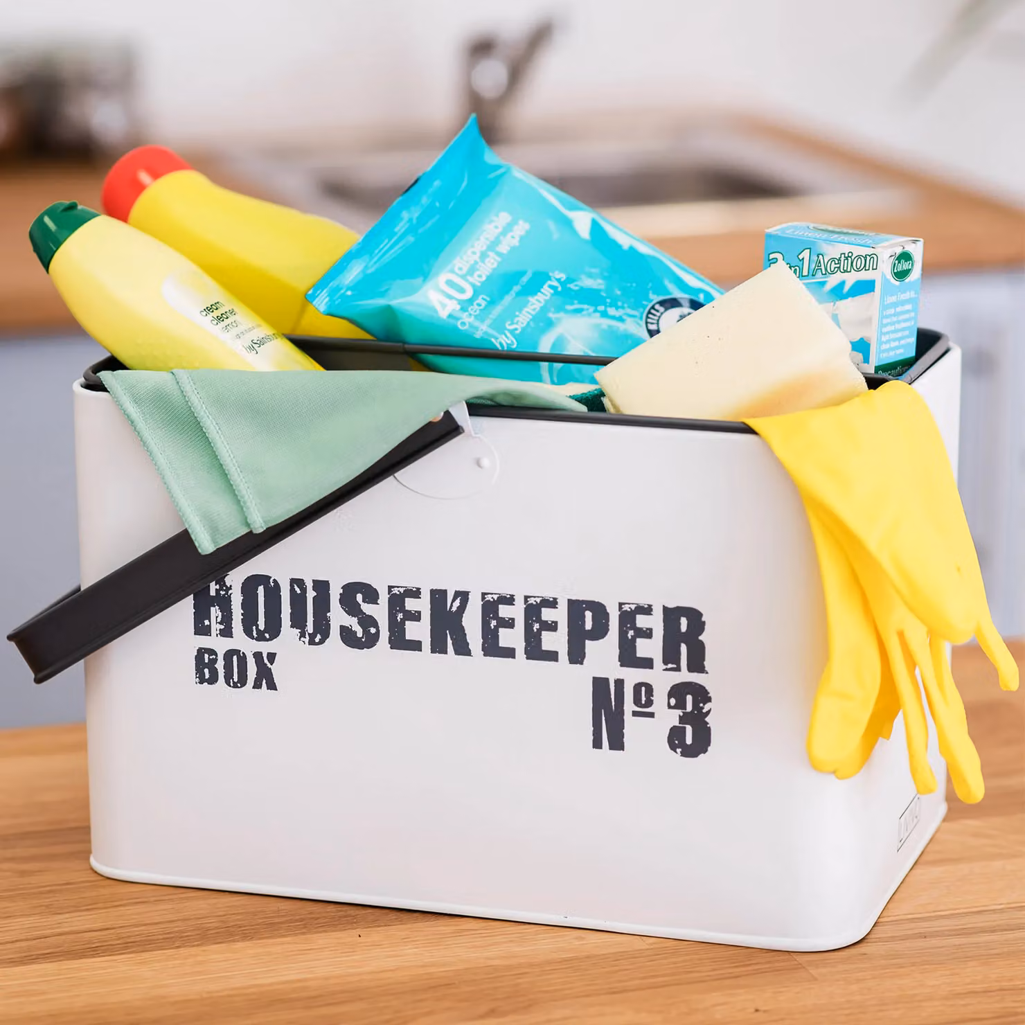 LIVIVO Enamel Coated Metal Housekeeping Storage Caddy with Handles in White and Grey, W: 33.0 cm, H: 21.0 cm, D: 20.5 cm – 3