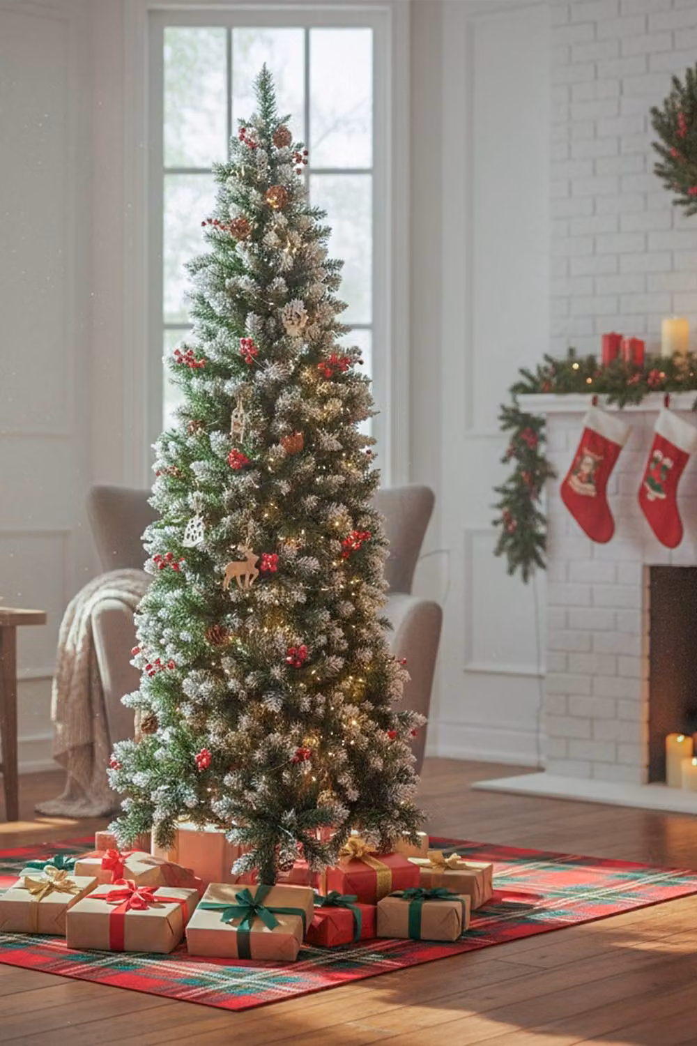Living and Home Large Snow Flocked Christmas Tree with Pine and Berries in Green, Red and Multicolour with Foldable Metal Stand – 2