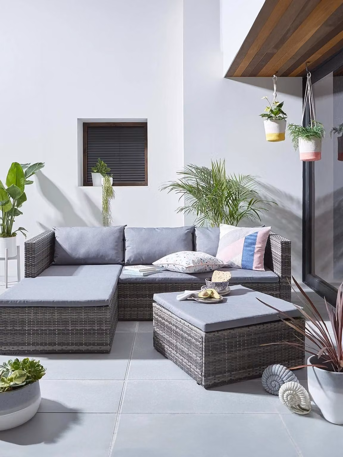 Hamilton Grey Rattan L-Shape Corner Sofa Set with Matching Ottoman and Cushions