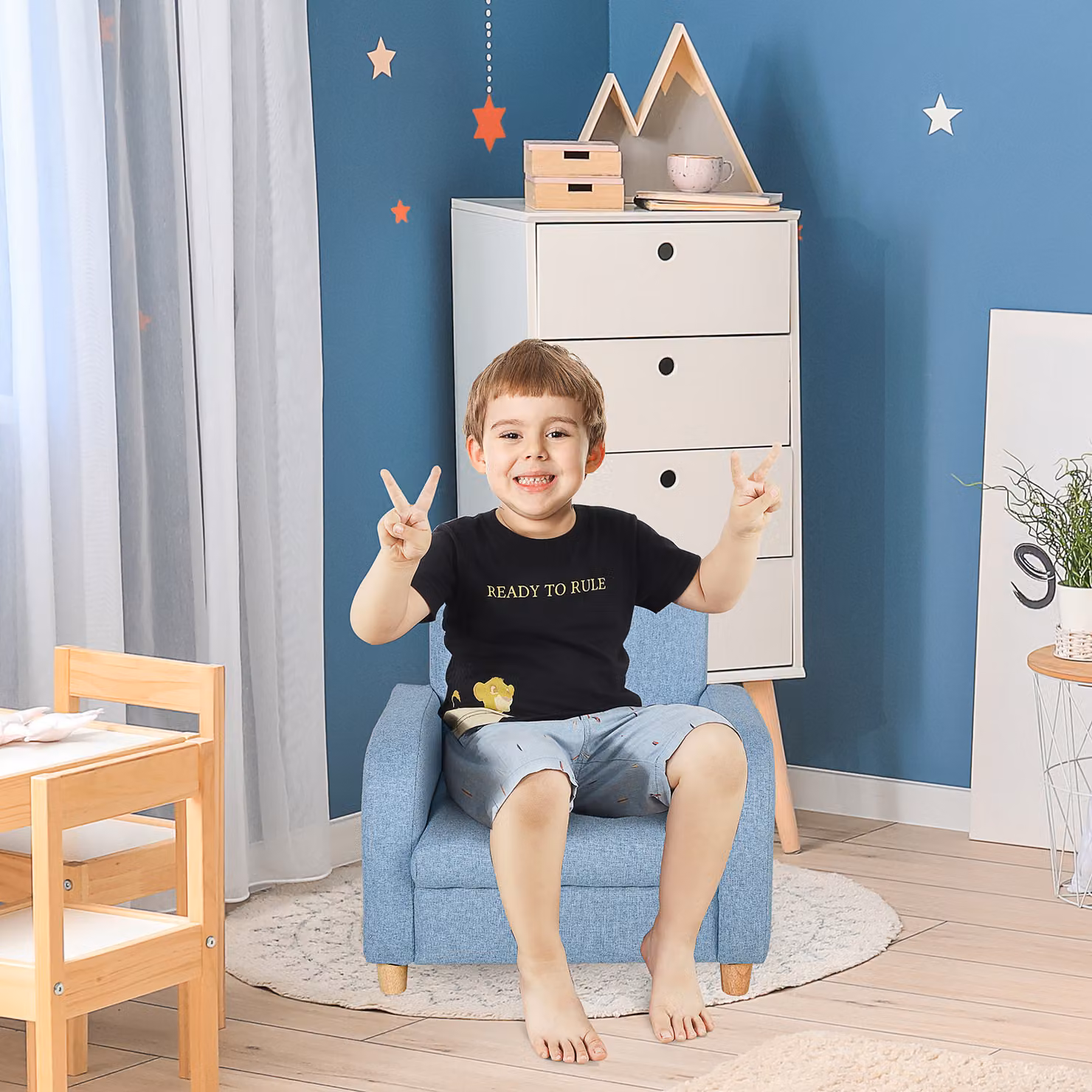 HOMCOM Kids Mini Armchair with Solid Wood Frame and Fabric Upholstery, Blue – 2