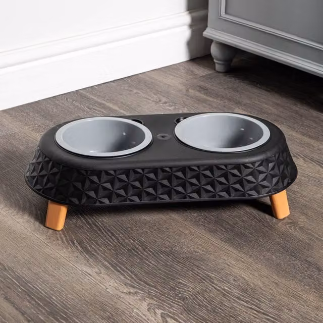 Samuel ALEXANDER Black Matt Plastic Raised Double Pet Bowl Feeding Station with Stand W/D/H: 16 x 9 x 45 cm – 1