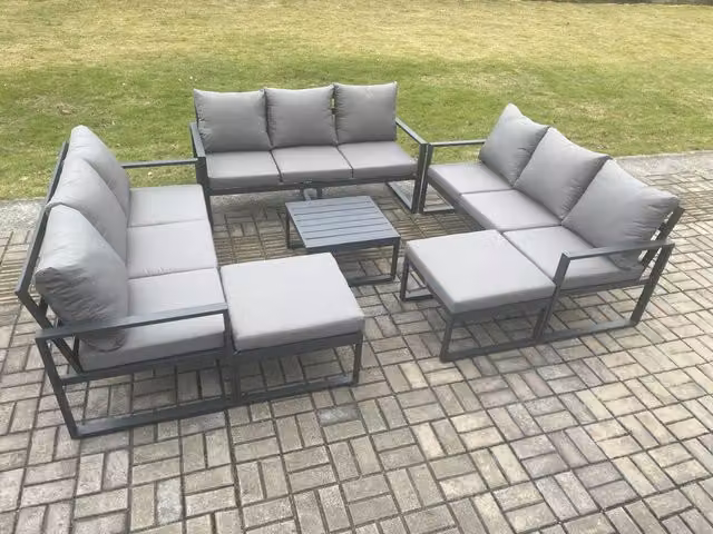 Fimous Dark Grey Aluminium Outdoor Garden Furniture Set with 3 Seater Sofa, Coffee Table and 2 Ottomans