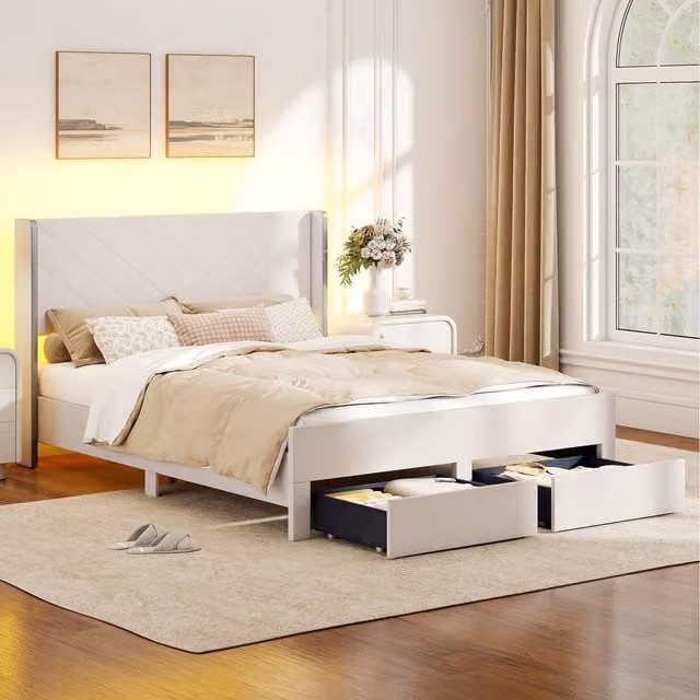 Costway White Velvet Upholstered Platform Bed with Under-Bed Lighting and Drawers