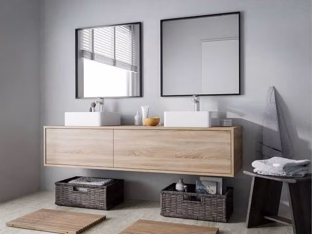 Vente-unique Double Washbasin Vanity Unit in Light Oak, W: 150 cm, D: 47 cm, H: 32 cm – 1