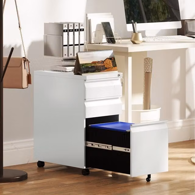 Vinsetto 3 Drawer Metal Filing Cabinet with Lock and Castors, White