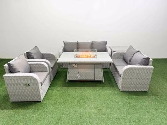 Fimous PE Rattan Garden Furniture Set in Light Grey with Reclining Chairs, Double Love Seat, Firepit Dining Table and Side Table