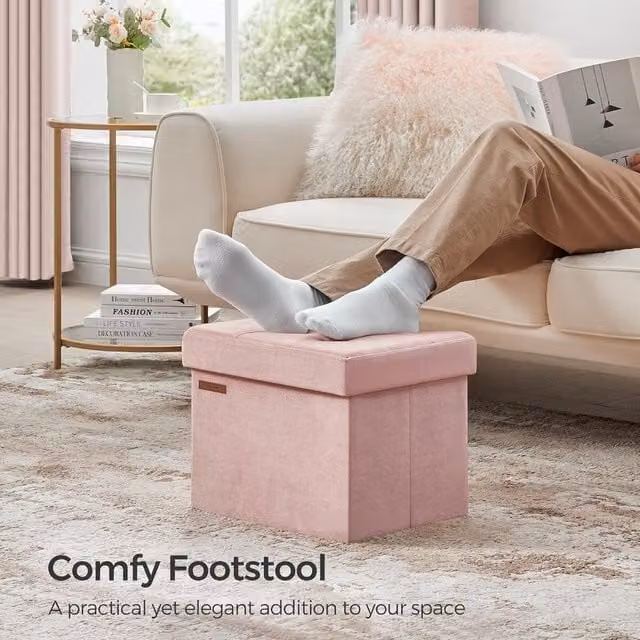 SONGMICS Compact Rectangular Foldable Storage Ottoman Foot Rest in Light Pink Velvet Fabric – 1