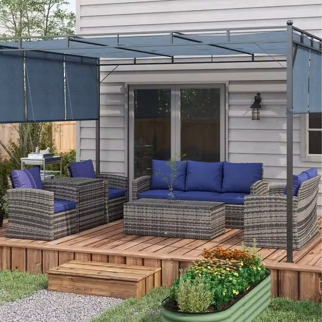 Outsunny 6-Piece Modern Blue Rattan and Metal Patio Sofa Set