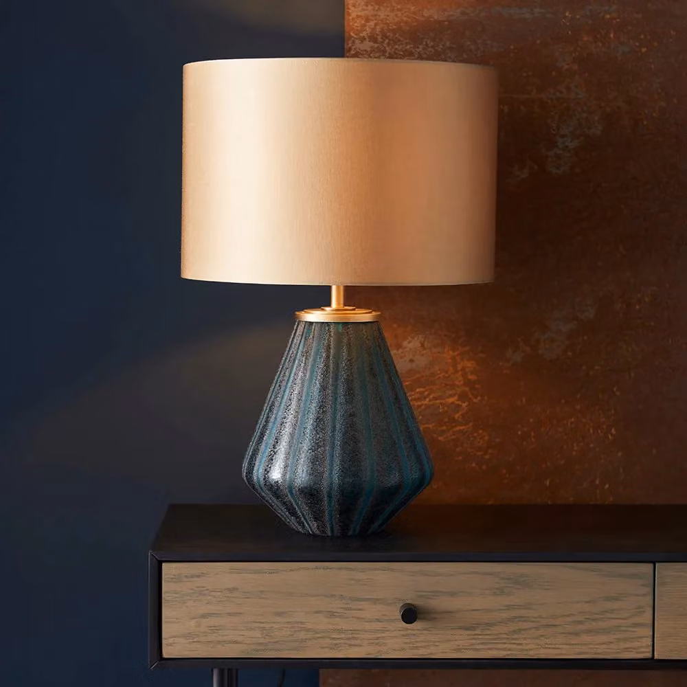 Loops Turquoise Glass Base Table Lamp with Gold Fabric Shade and Black Textured Detail – 3