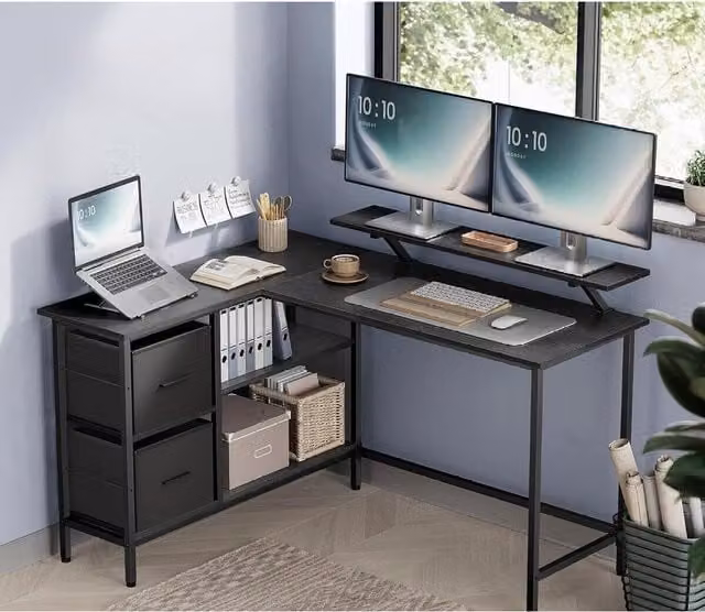 VASAGLE Large L-Shaped Gaming Desk with 2 Drawers and Monitor Stand in Black – 1