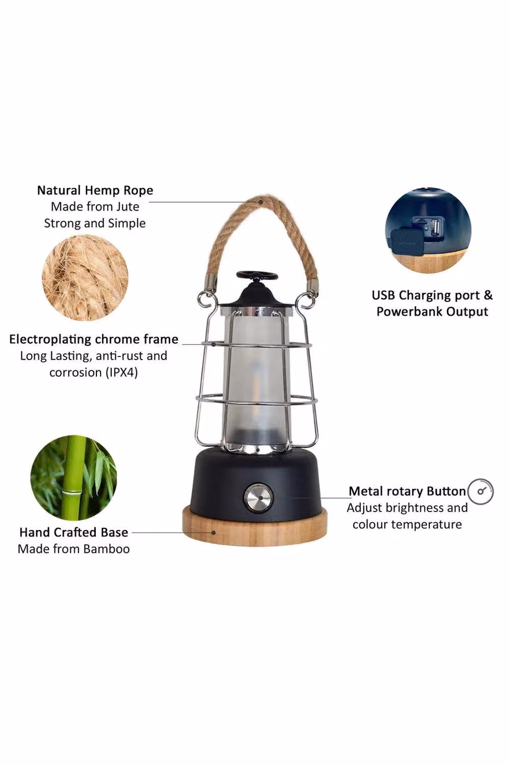 Harper Living Retro Rechargeable LED Camping Lantern, Dimmable and Water Resistant, Black – 3